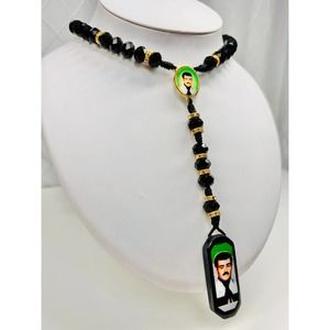Jesus Malverde Rosary Necklace Black Wood Pendant Knotted Rope Beads NEW